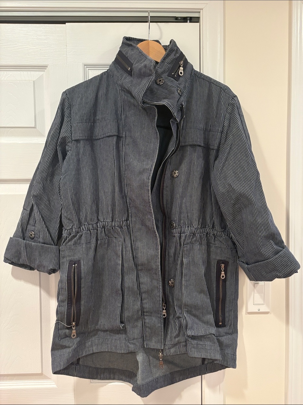 Striped Utility Jacket in Navy - Casual Drawstring Hem